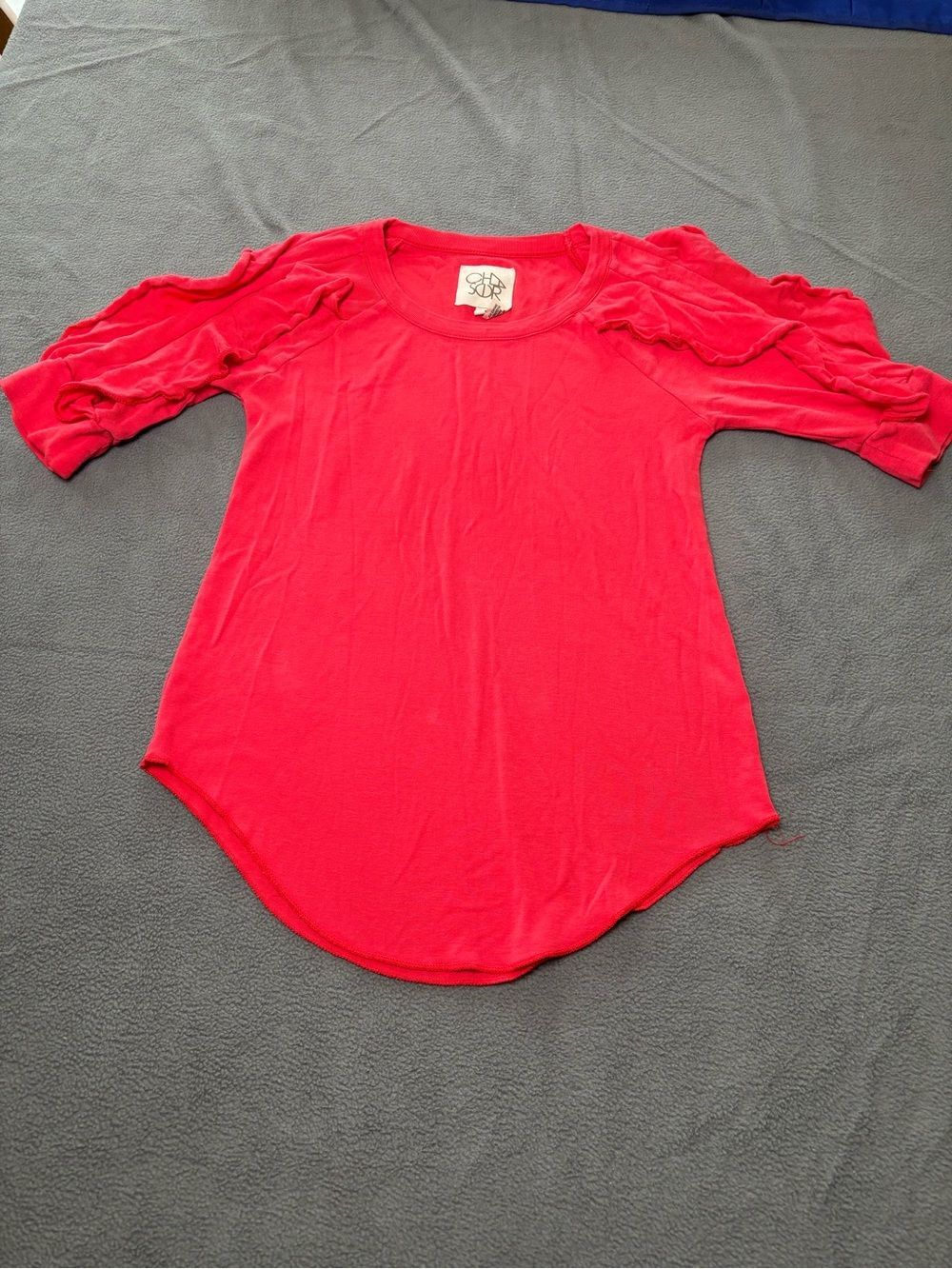 CHASER Red Ruffle Sleeve Knit 100% Cotton Crew Neck Pullover Women’s S
